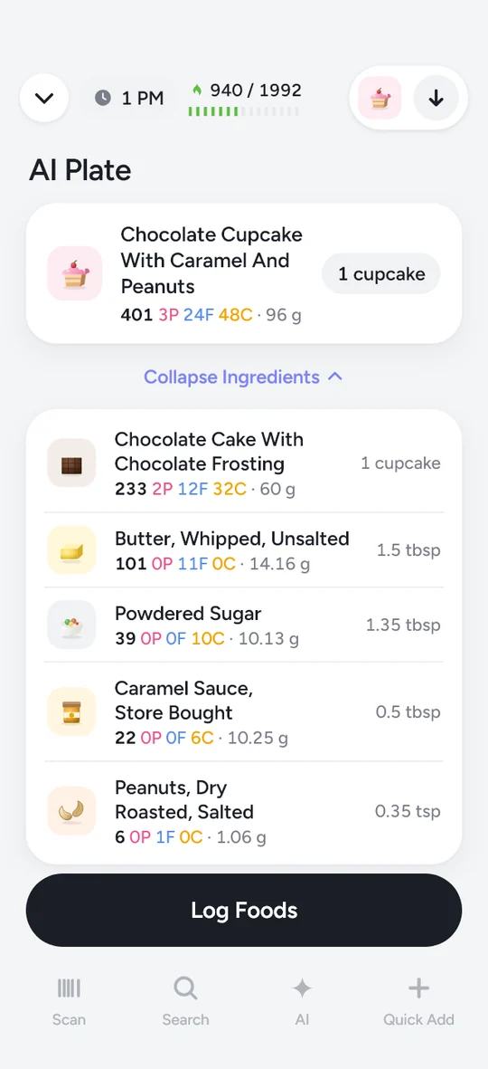 The AI Plate screen: a chocolate cupcake photo broken into five ingredients, each with its calories, protein, fat and carbs.