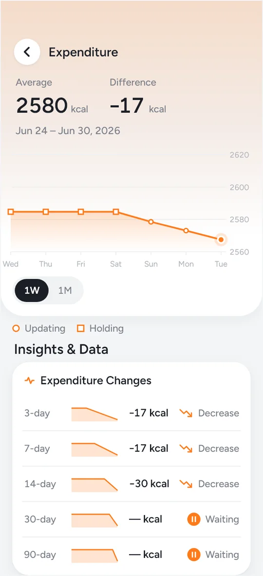 The Expenditure screen: an average of 2580 kcal for Jun 24 to Jun 30, 2026, down 17 kcal, with a one-week chart marking each day as updating or holding, and the 3, 7 and 14-day expenditure changes, with the 30 and 90-day changes still waiting.