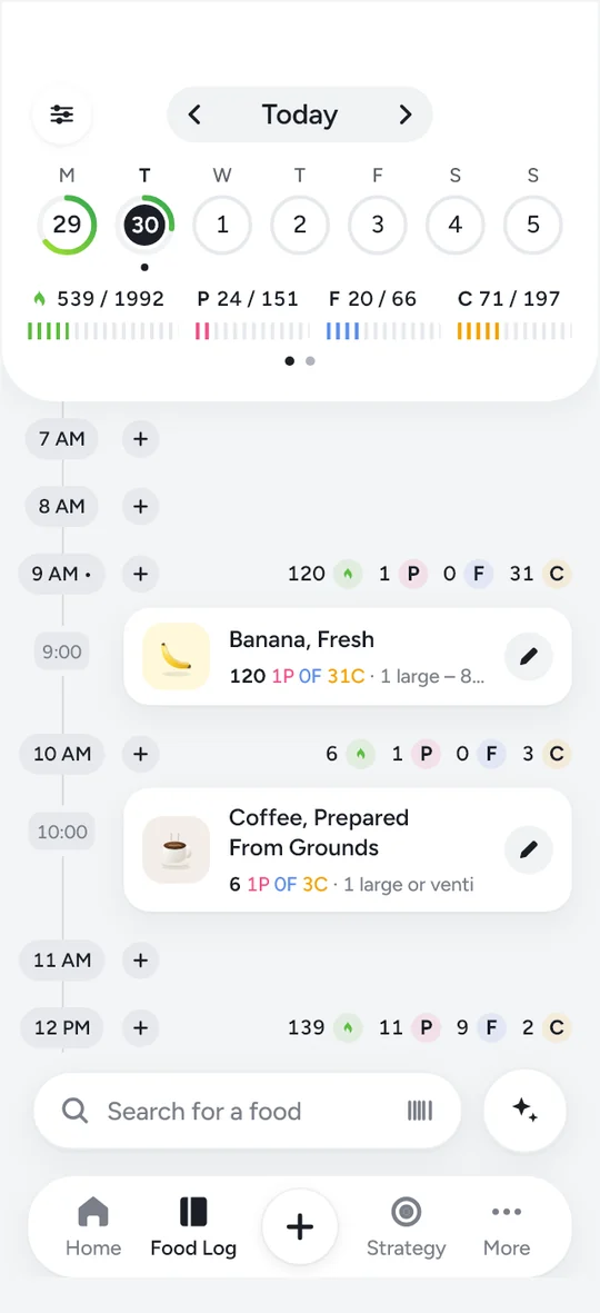 The Food Log: a week strip with daily calorie rings, macro totals, and foods placed on an hourly timeline.