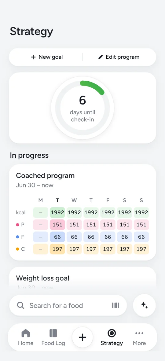 The Strategy screen: days until the next check-in and this week's calorie, protein, fat and carb targets.